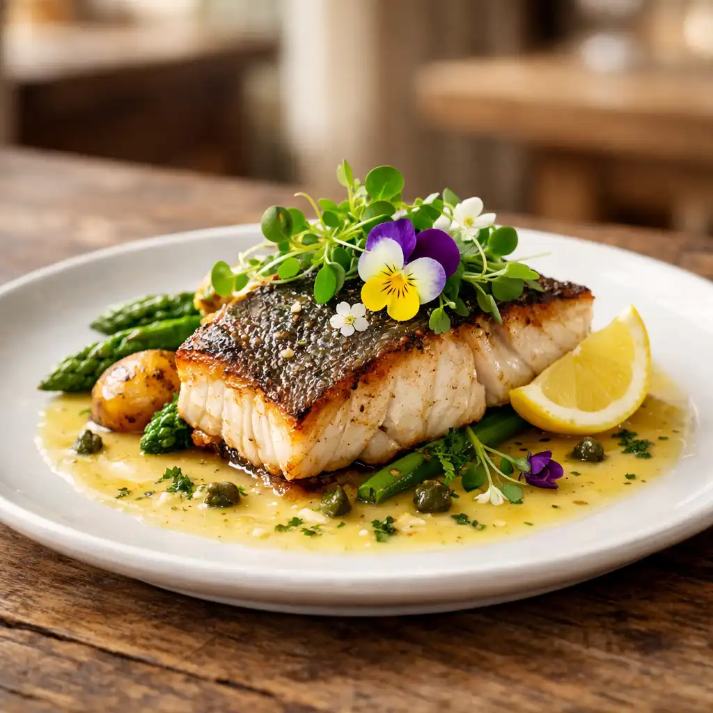 Pan-seared barramundi with lemon butter sauce, microgreens, and edible flowers on a rustic wooden table