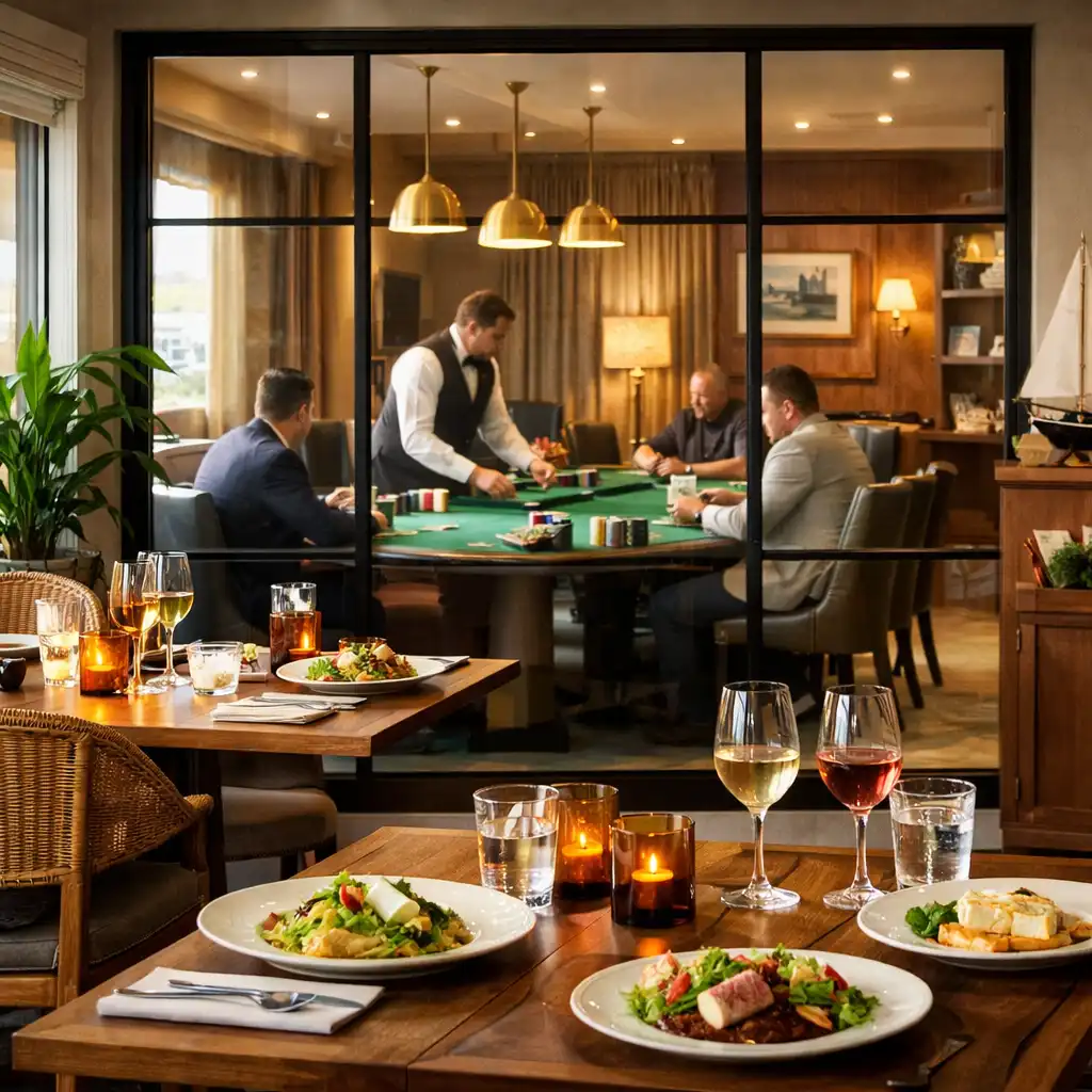 Elegant bistro dining area with a view into a private poker salon featuring green felt tables and colorful chips